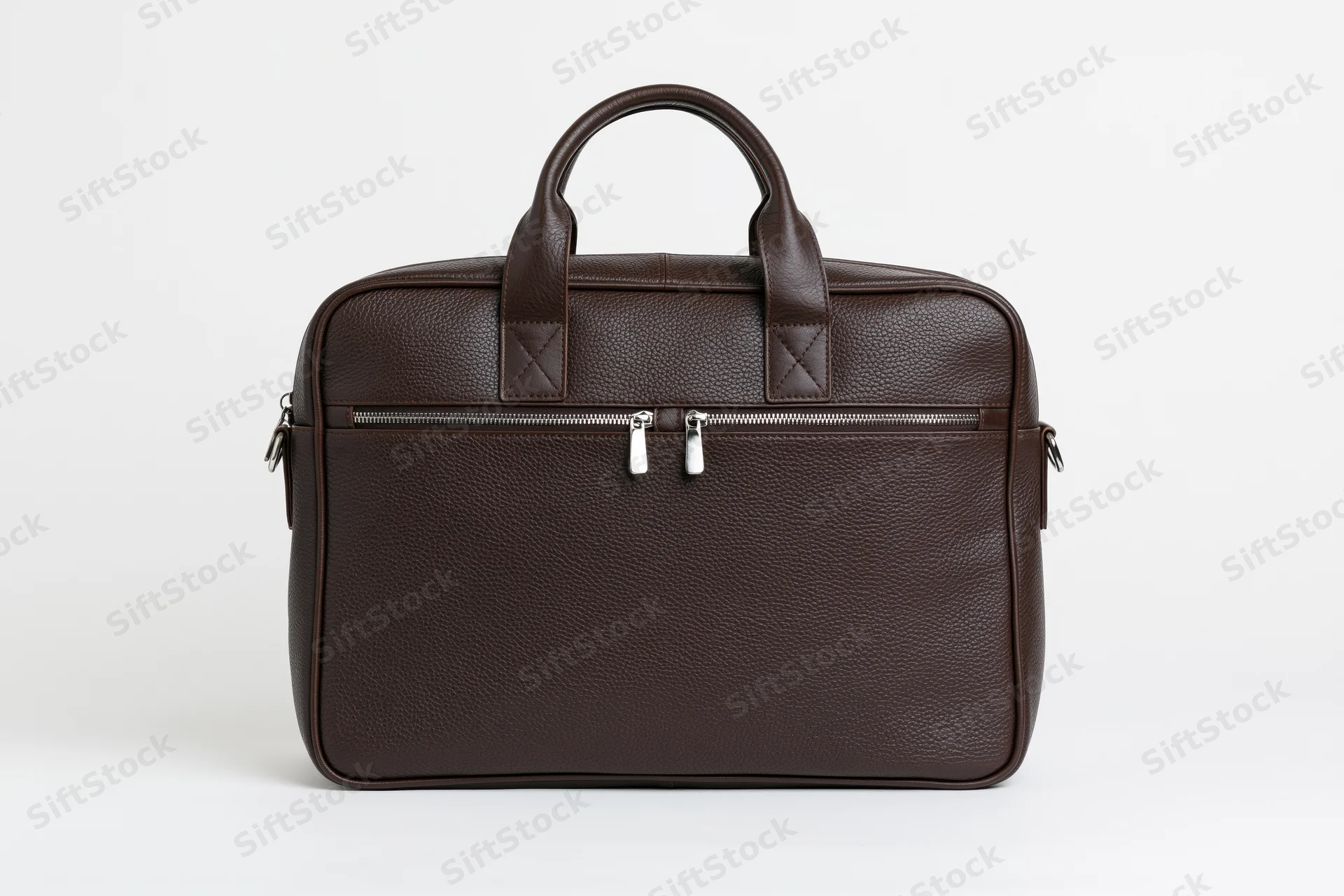 Brown pebbled leather briefcase standing upright with front zipper and handles on white background