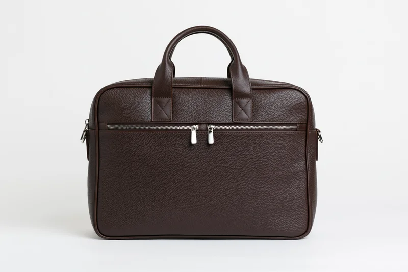 Brown pebbled leather briefcase standing upright with front zipper and handles on white background