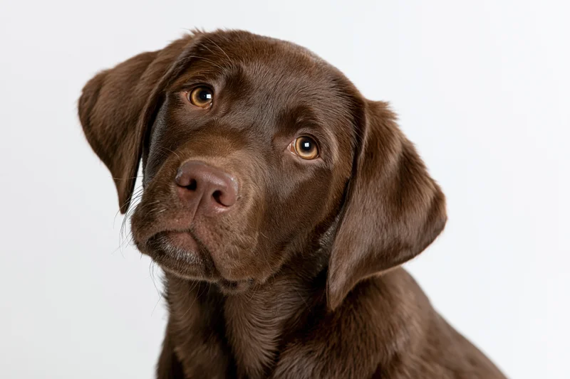 Chocolate labrador puppy tilting its head curiously against white background