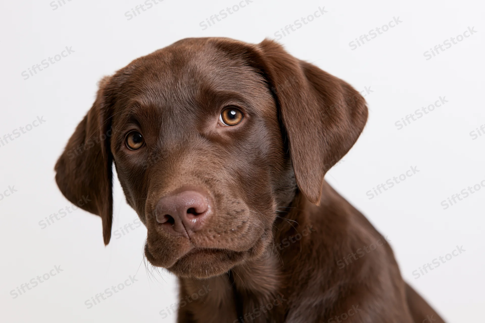 Chocolate labrador puppy tilting its head curiously against white background