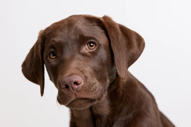Chocolate labrador puppy tilting its head curiously against white background