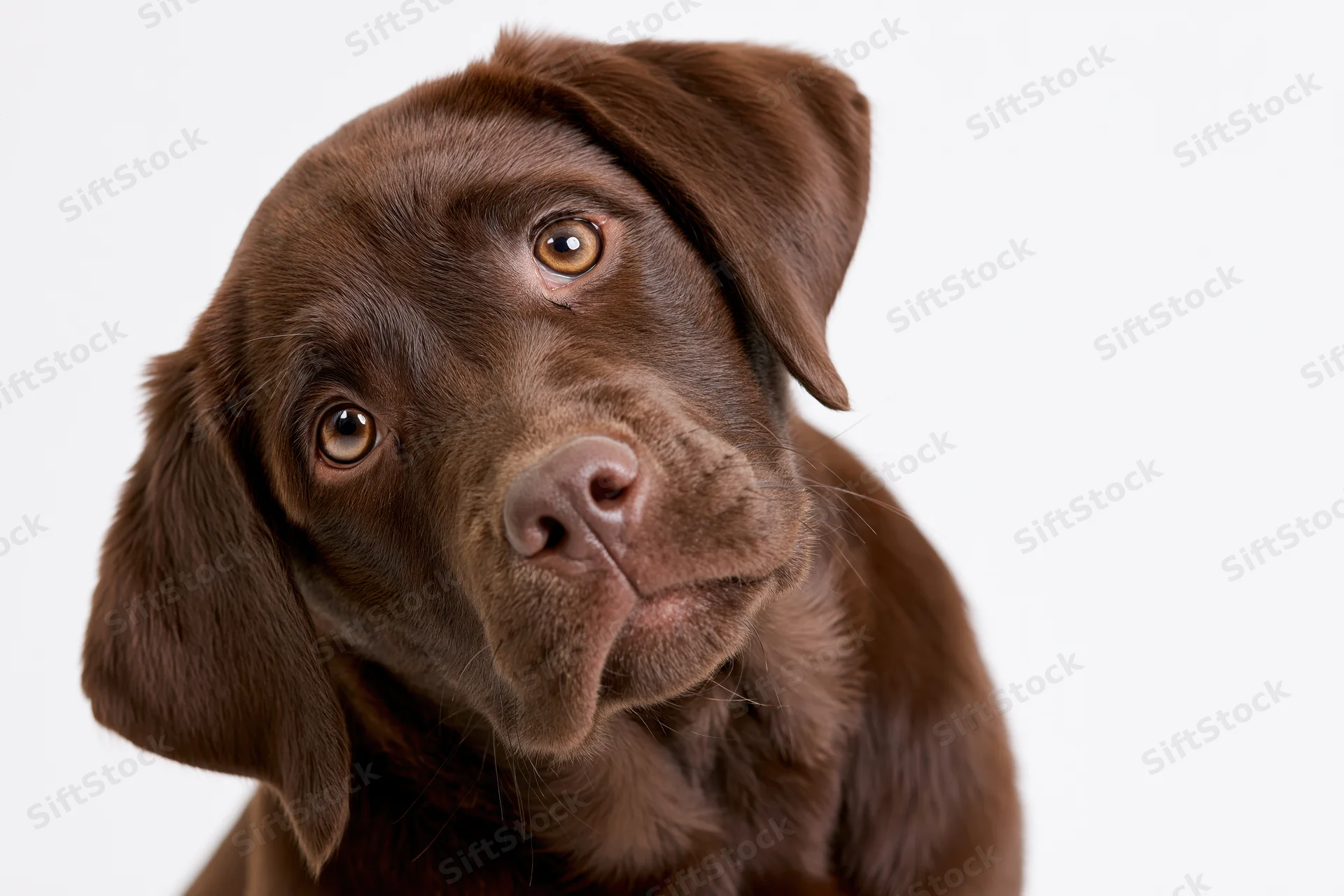 Chocolate labrador puppy tilting its head curiously against white background