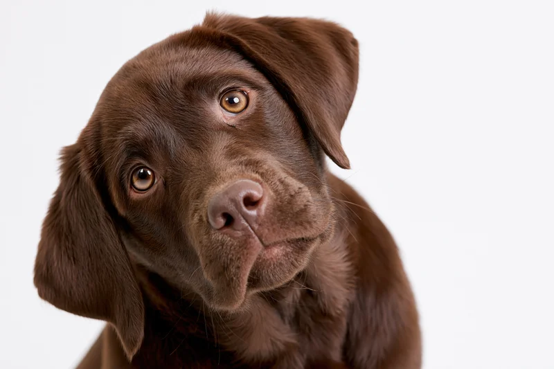 Chocolate labrador puppy tilting its head curiously against white background