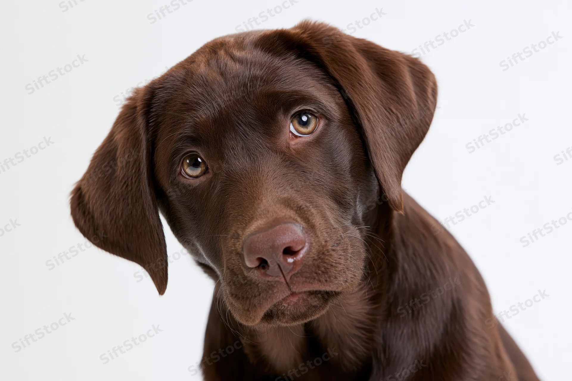 Chocolate labrador puppy tilting its head curiously against white background