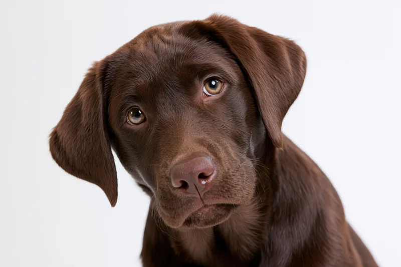 Chocolate labrador puppy tilting its head curiously against white background