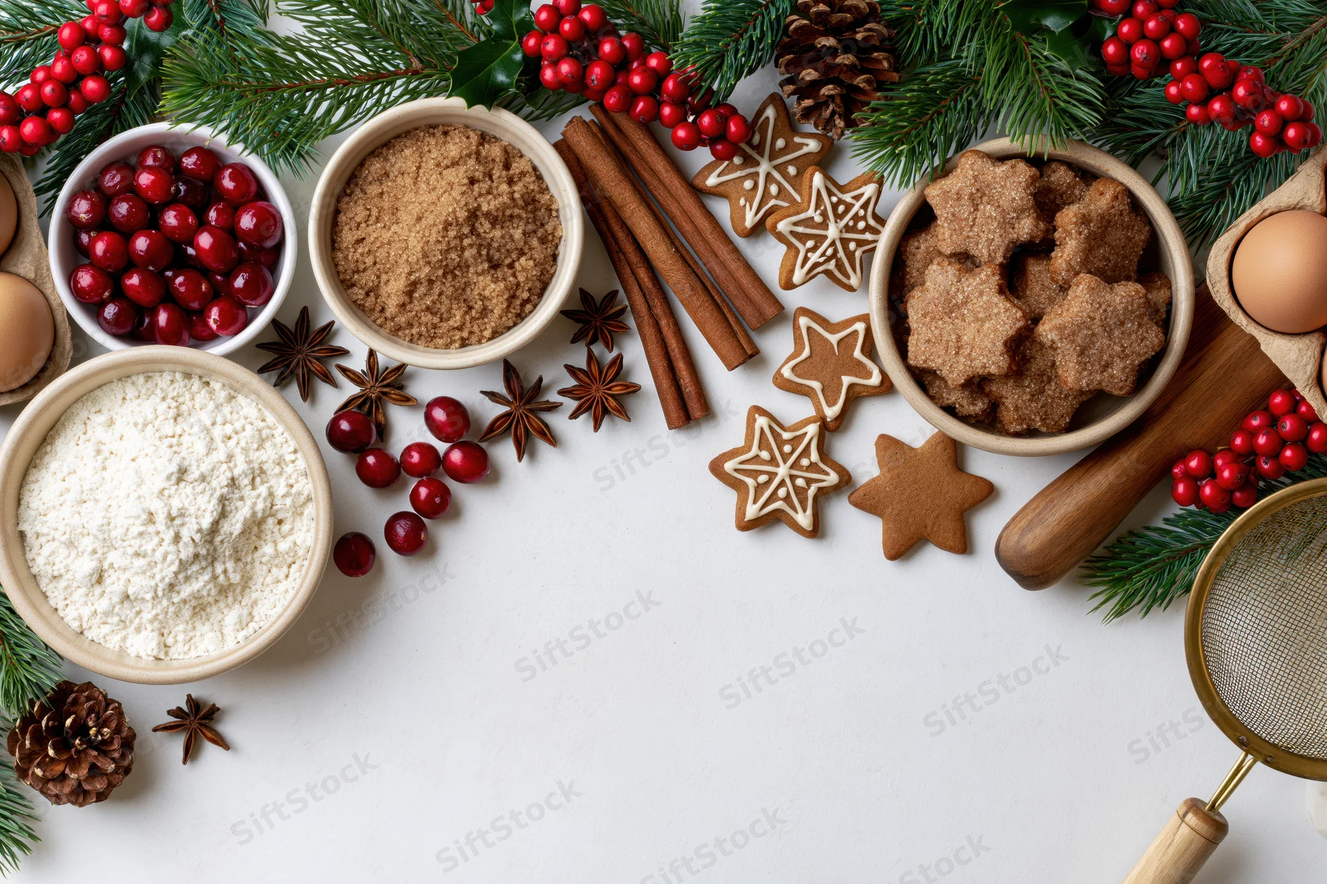 Christmas baking ingredients and gingerbread cookies arranged along the top edge of a white surface