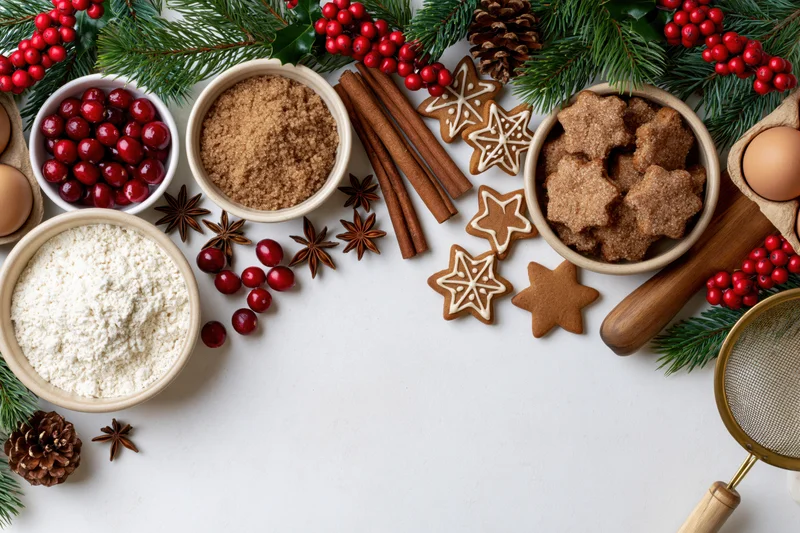 Christmas baking ingredients and gingerbread cookies arranged along the top edge of a white surface