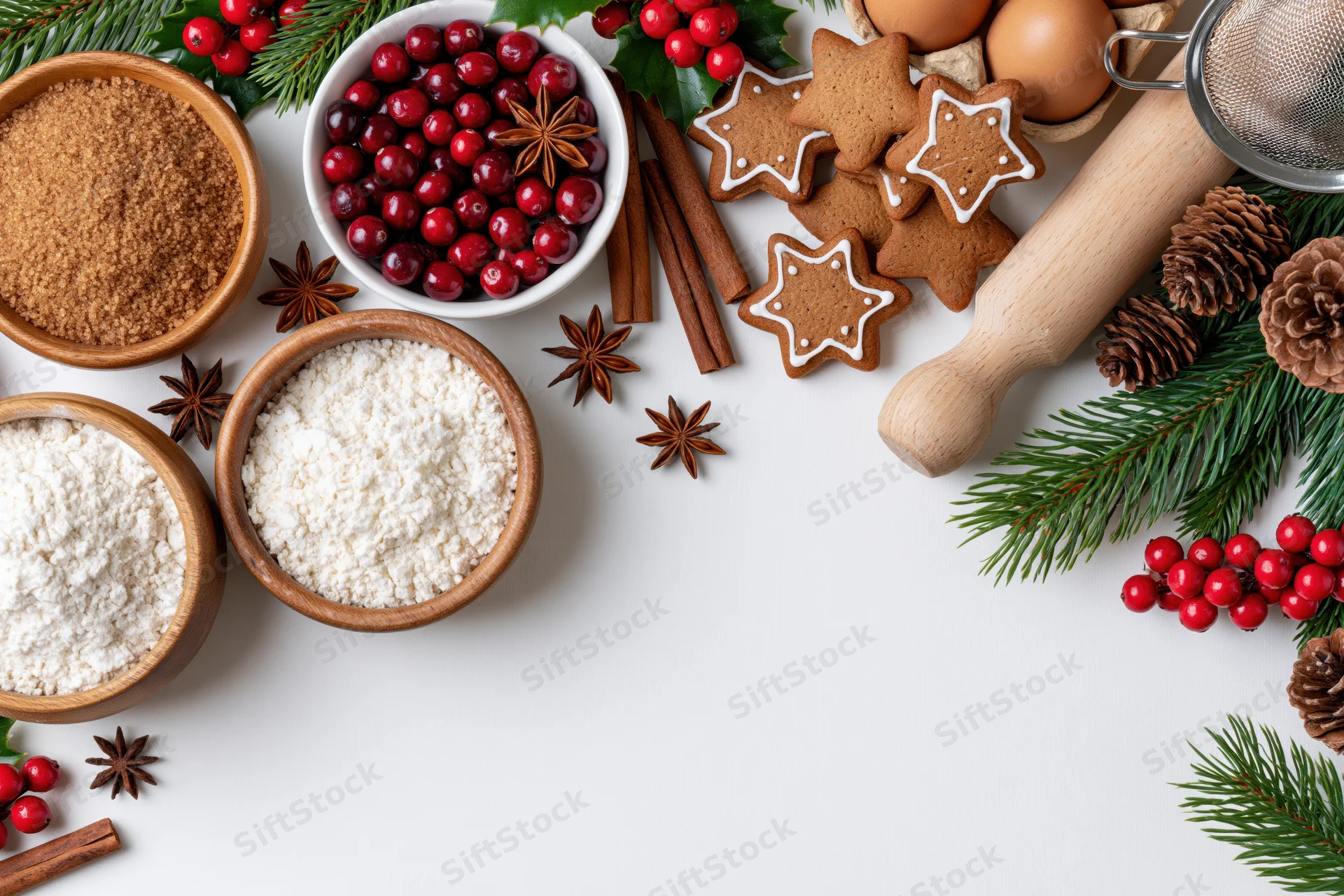 Christmas baking ingredients and gingerbread cookies arranged along the top edge of a white surface with copyspace below