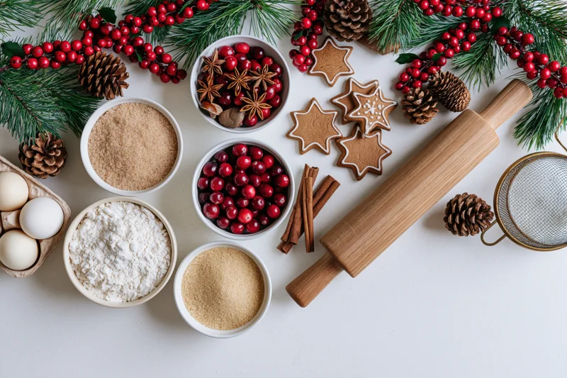 Christmas baking flat lay with gingerbread cookies, ingredients and festive decorations arranged along the top edge of a white surface