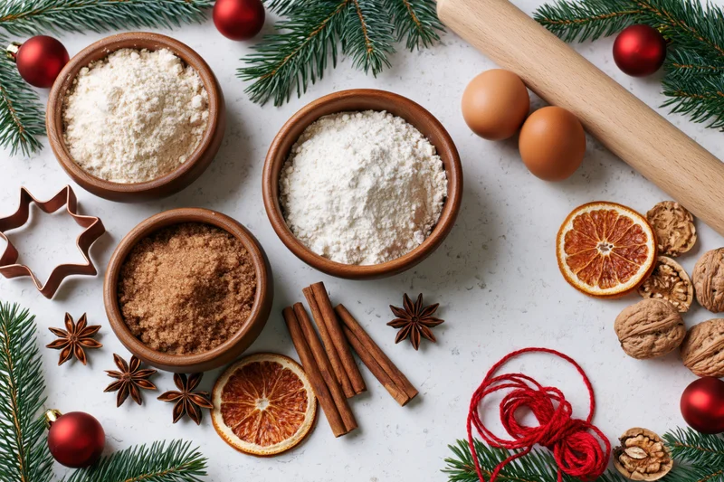 Christmas baking ingredients arranged in wooden bowls on a white countertop with pine branches and red ornaments