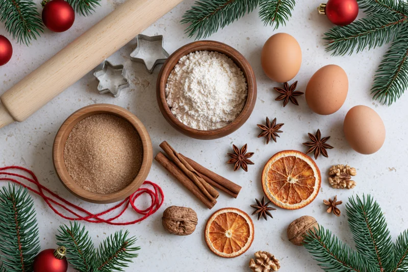 Christmas baking ingredients arranged on a countertop with pine branches and ornaments