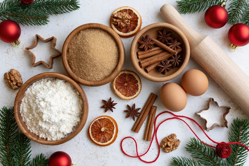 Christmas baking ingredients arranged in wooden bowls with spices and decorations on white surface
