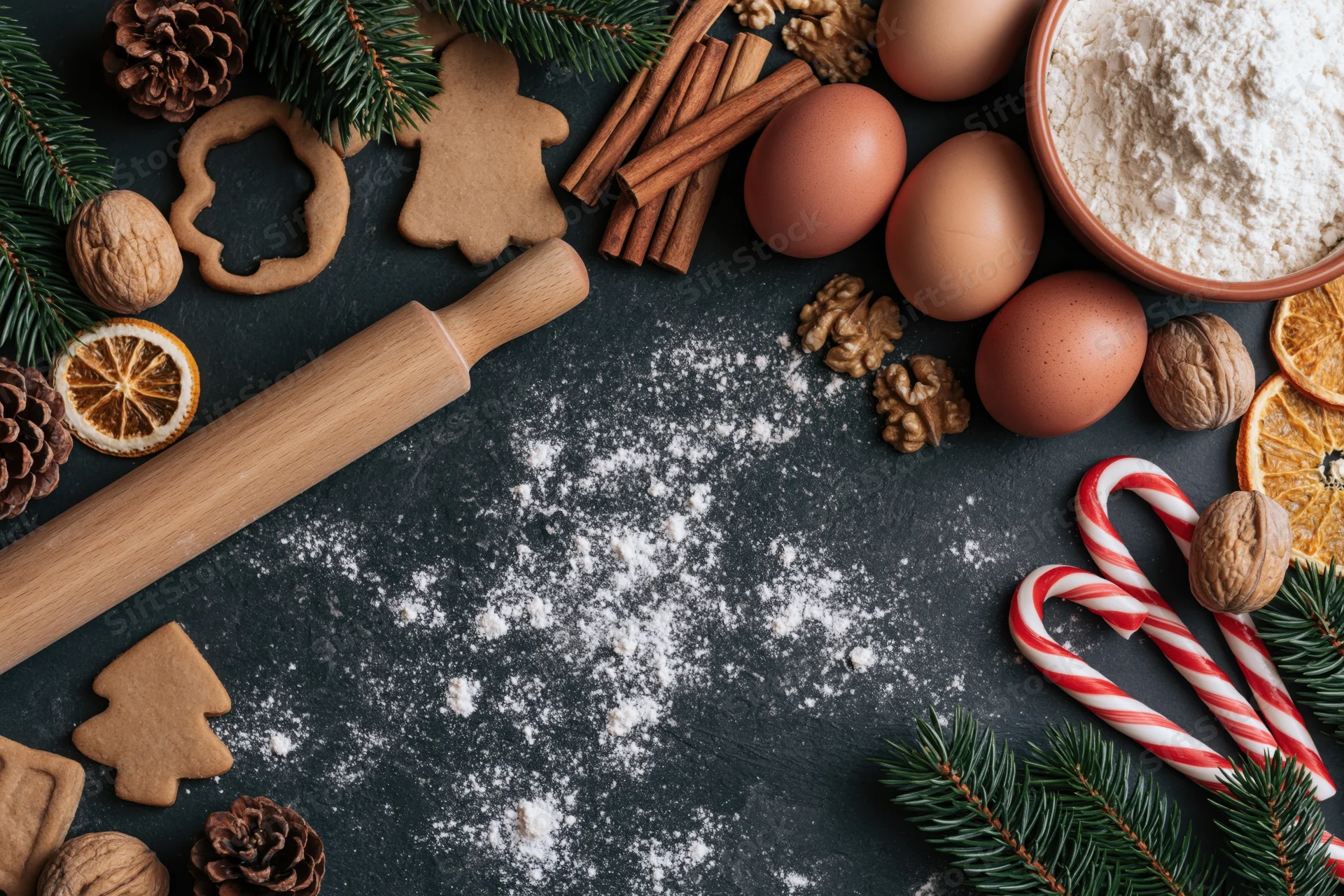 Christmas baking ingredients and decorations arranged on dark slate surface with copyspace