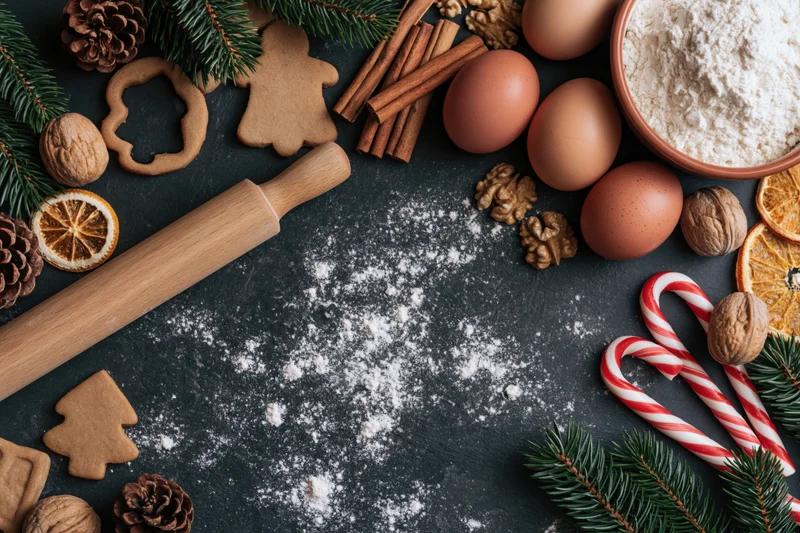 Christmas baking ingredients and decorations arranged on dark slate surface with copyspace