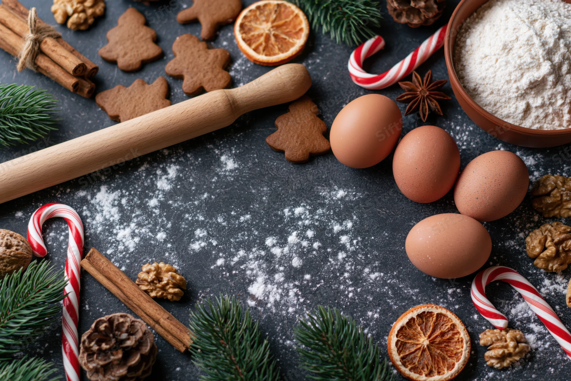 Christmas baking flatlay with gingerbread cookies, candy canes, eggs and flour on dark slate surface