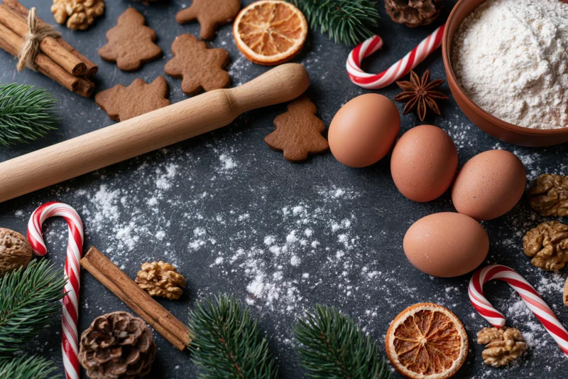 Christmas baking flatlay with gingerbread cookies, candy canes, eggs and flour on dark slate surface