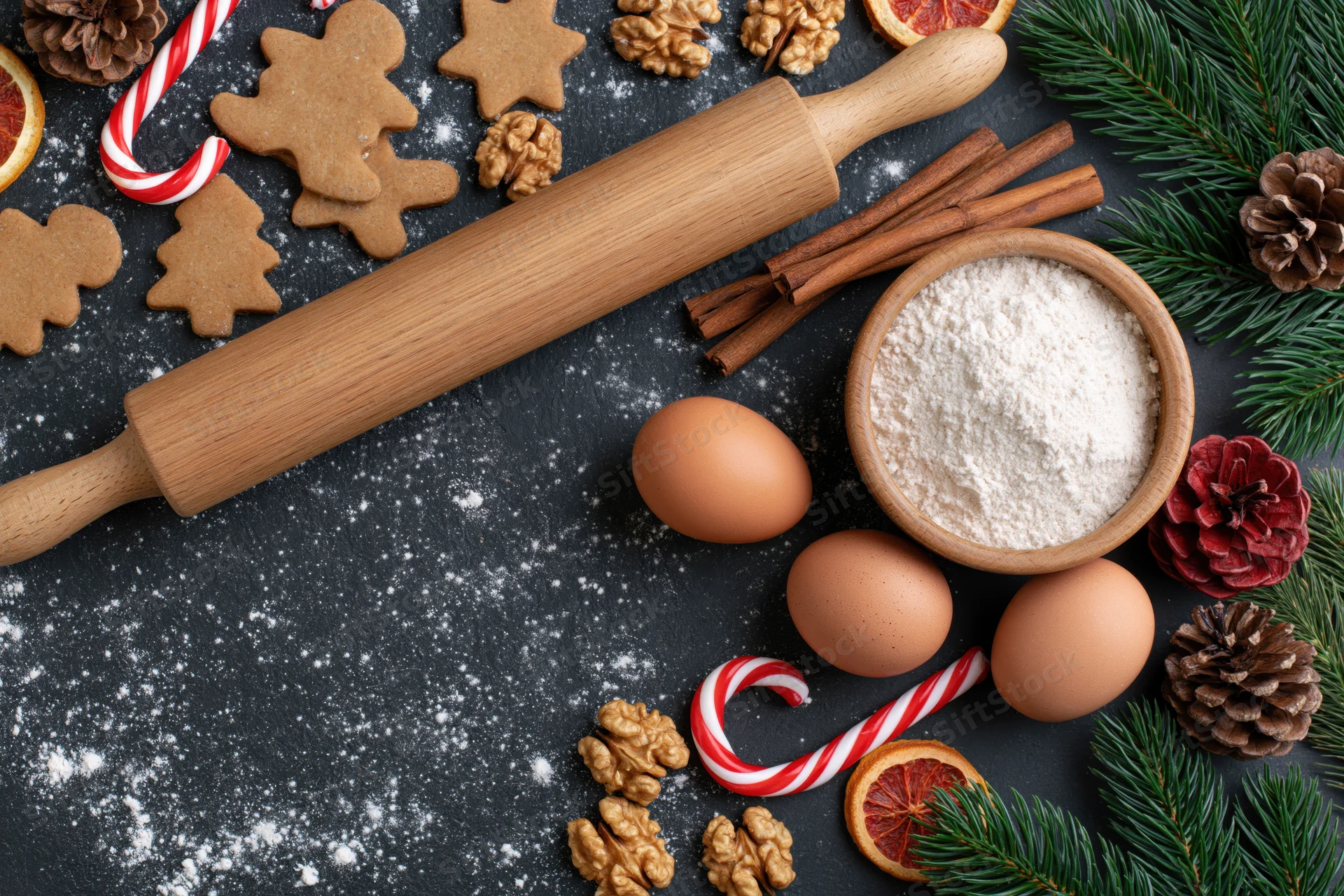 Christmas baking ingredients arranged on dark slate surface with gingerbread cookies, flour, eggs, and festive decorations