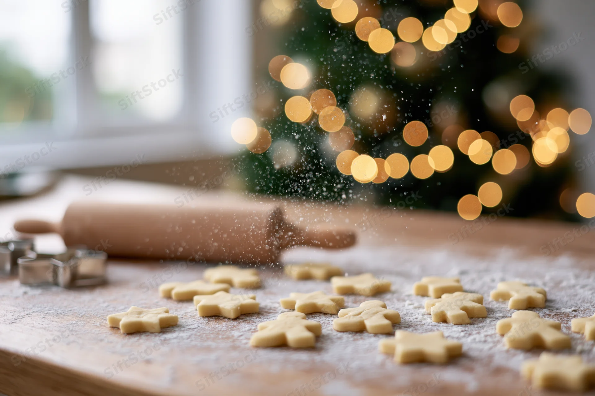 Shaped cookie dough on a flour-dusted wooden table with rolling pin and cookie cutters near a lit christmas tree