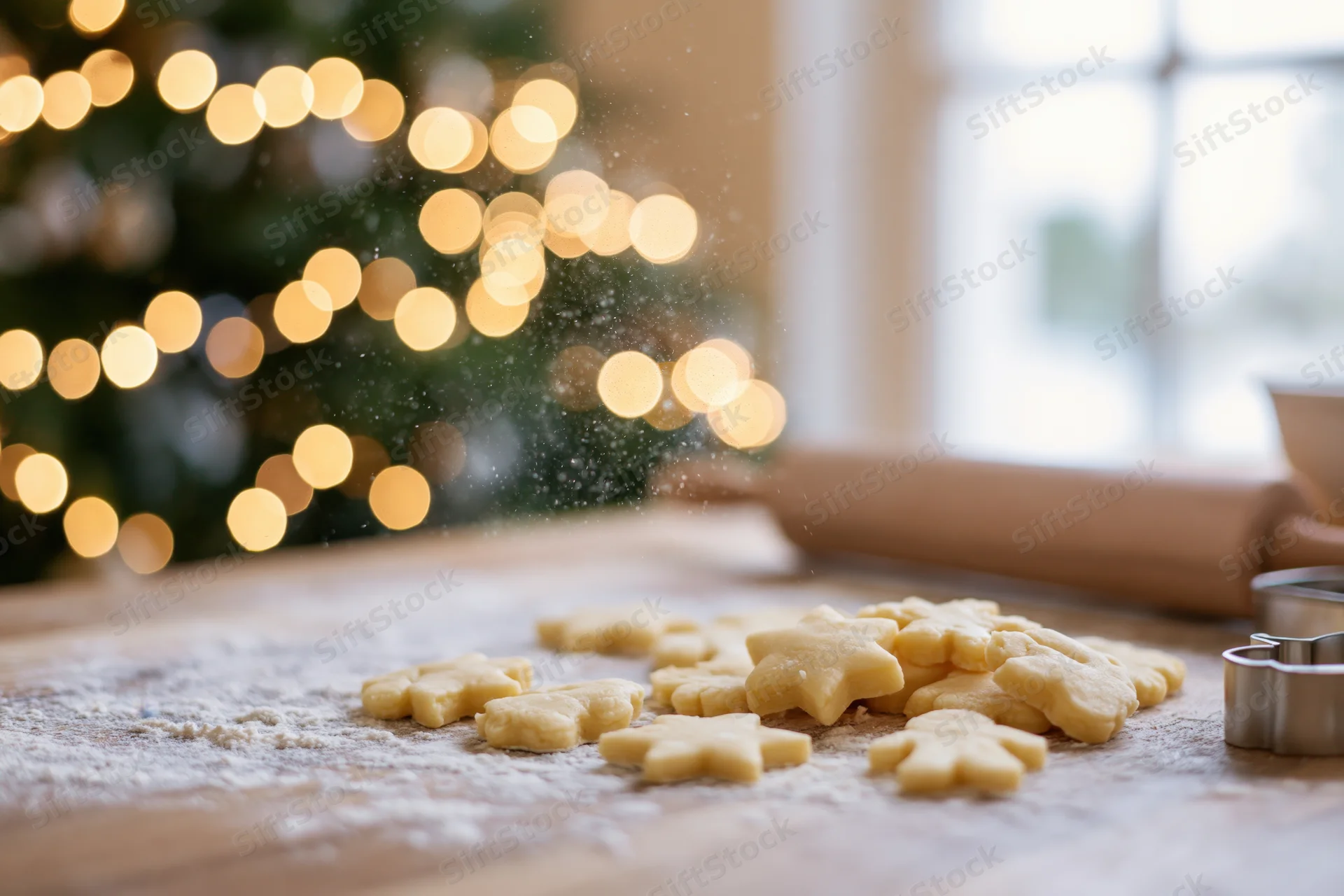 Shaped cookies on a flour-dusted wooden table with cookie cutters and rolling pin, christmas tree with lights in background