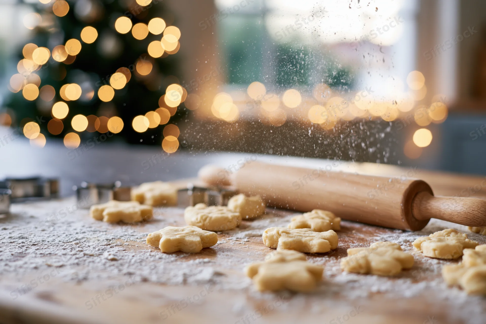 Shaped cookie dough on a flour-dusted wooden countertop with rolling pin and holiday lights in background