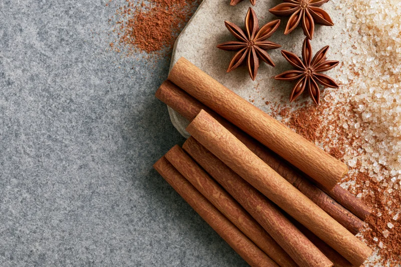 Cinnamon sticks and star anise arranged loosely on a stone plate with sugar and spice powder on a textured surface
