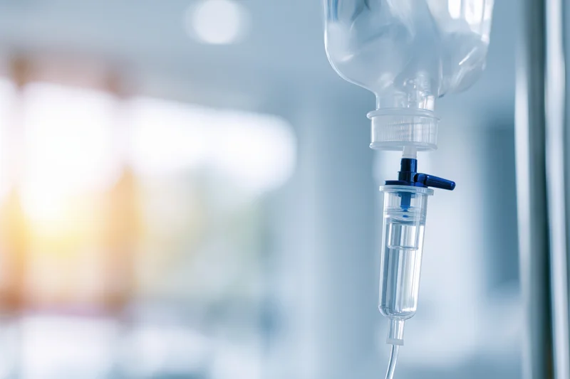 Close-up of a clear iv saline drip bag hanging on a hospital pole with blurred background