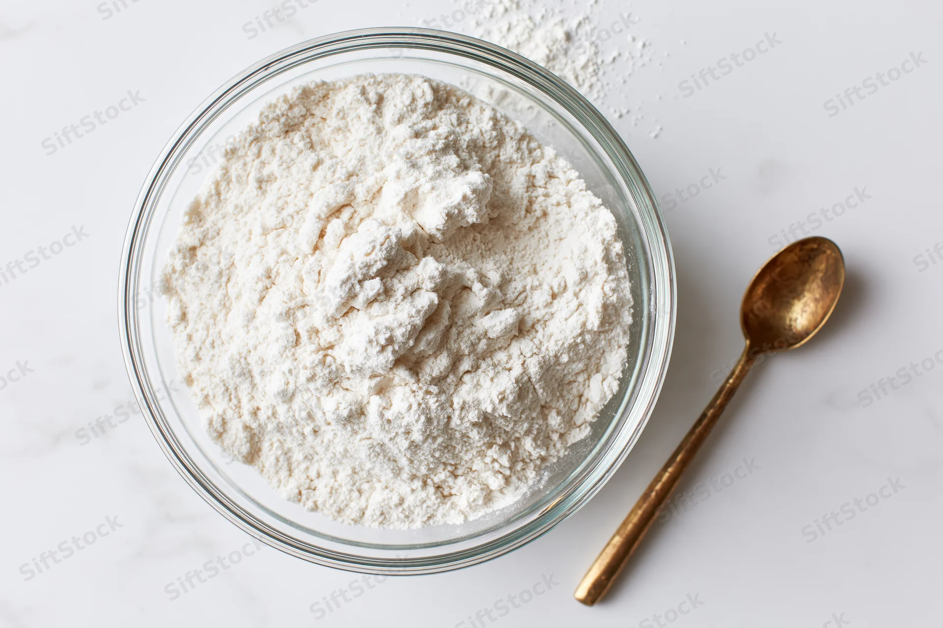 White flour in a clear glass bowl on a marble countertop with a brass spoon beside it