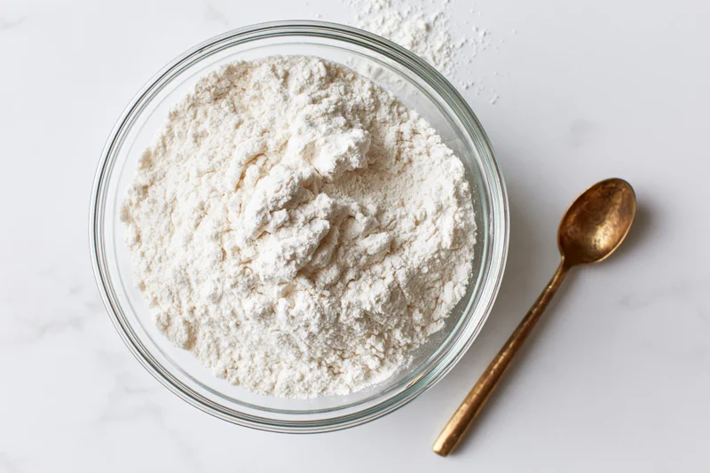White flour in a clear glass bowl on a marble countertop with a brass spoon beside it