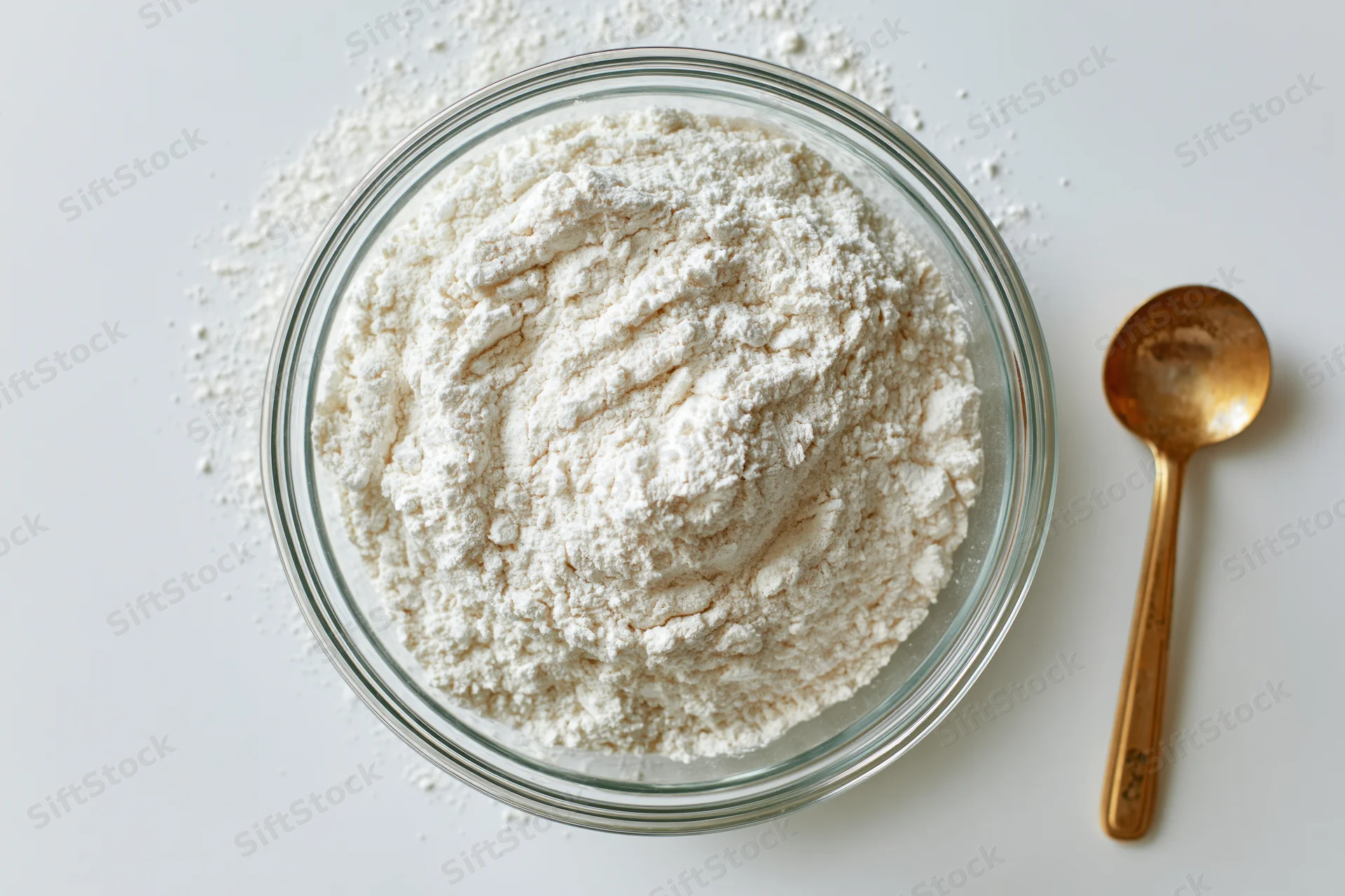 White flour in a clear glass bowl with a copper spoon on a white surface