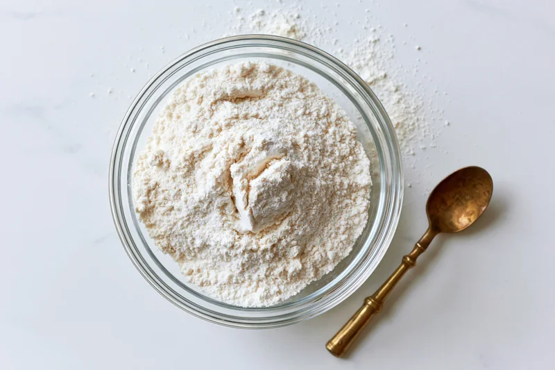 Flour in a glass bowl with a brass spoon on a marble countertop