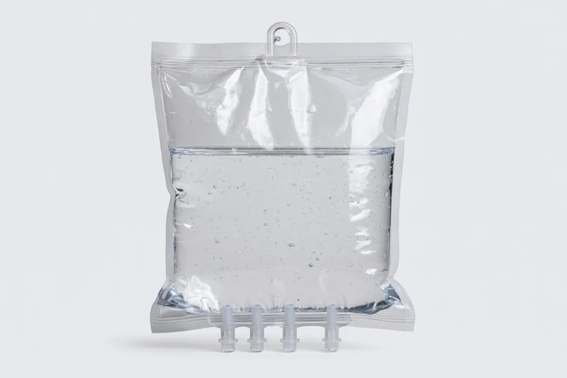 Clear medical iv saline bag filled with transparent fluid on white background