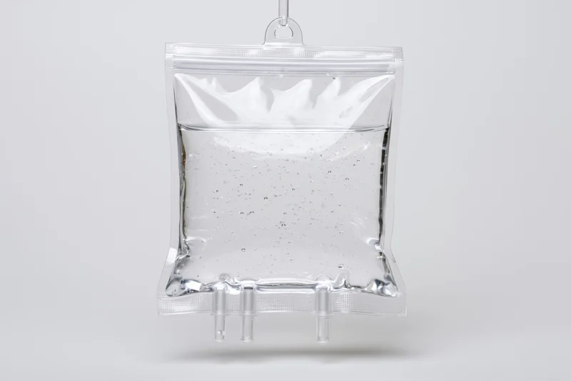 Clear medical iv saline bag filled with transparent fluid hanging against white background