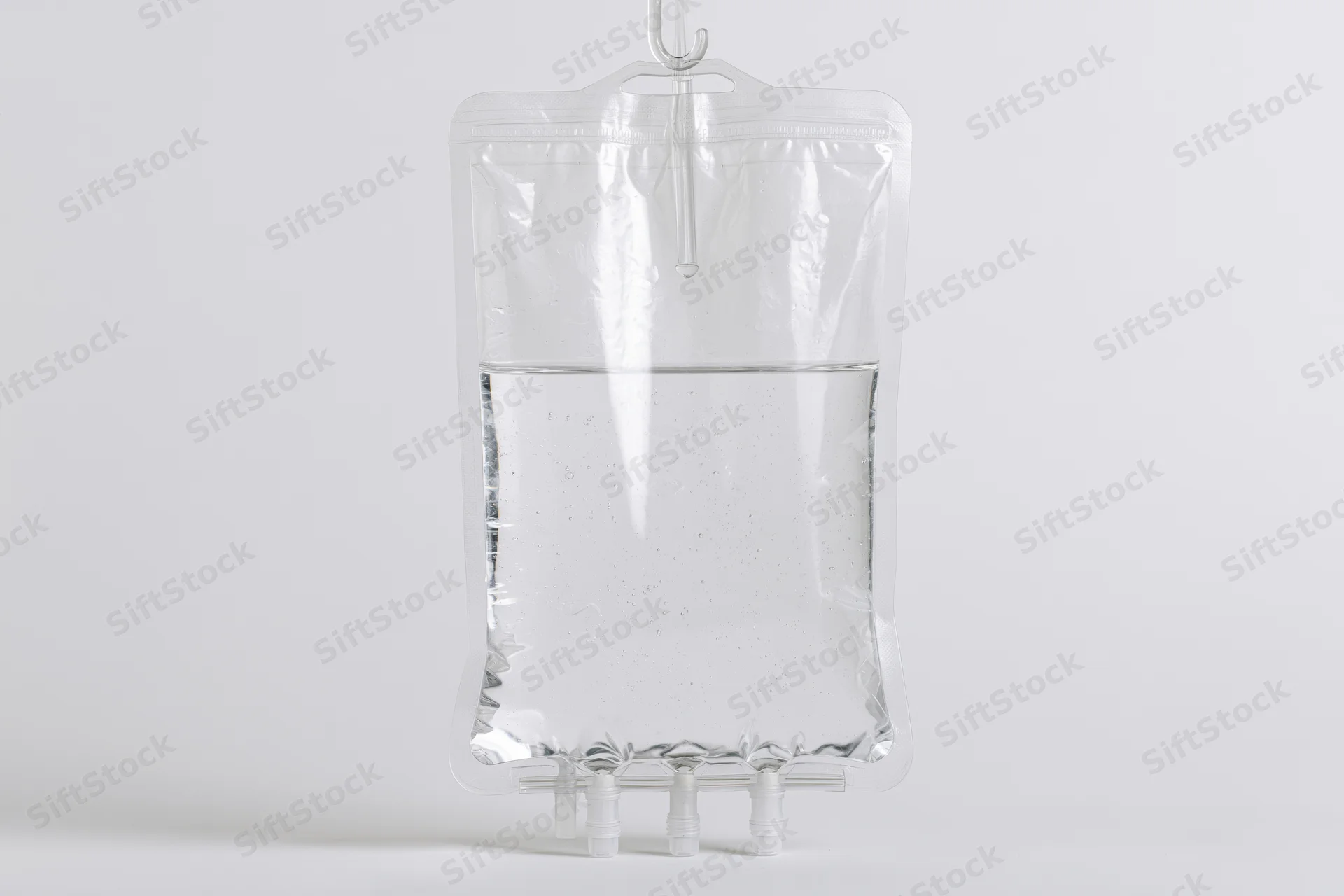 Clear medical iv saline bag filled with transparent fluid hanging on a stand against white background