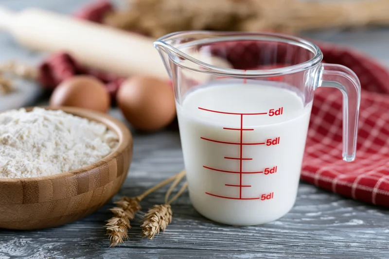 Clear glass measuring jug filled with milk at 5dl mark on wooden countertop with flour, eggs, wheat, and rolling pin nearby