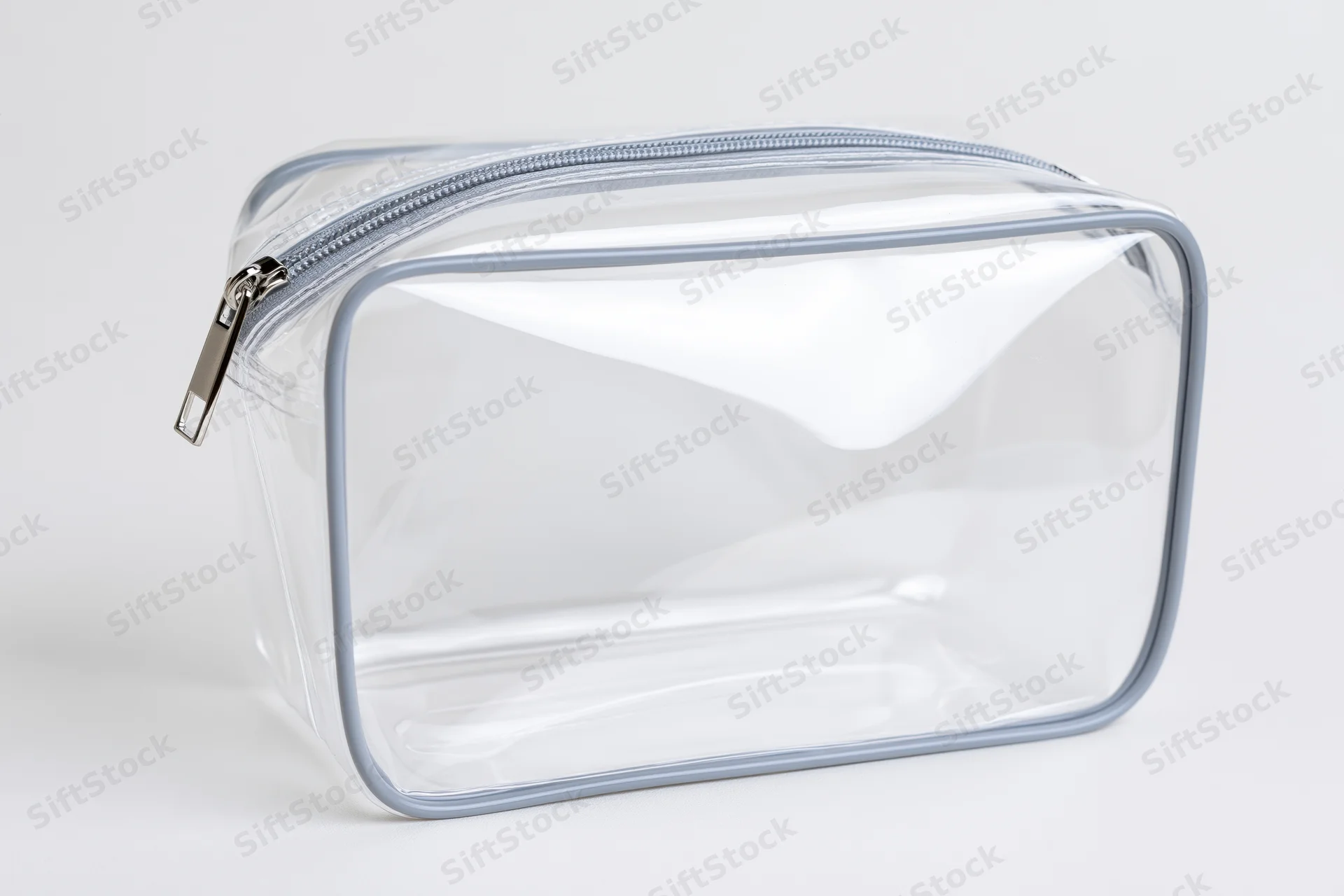 Clear transparent pvc toiletry bag with silver zipper empty on white background