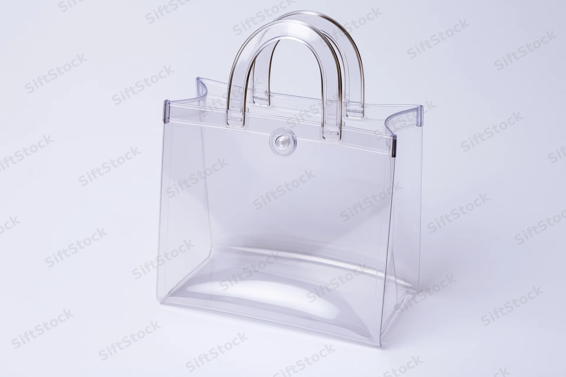Transparent tote bag with rigid loop handles on white background