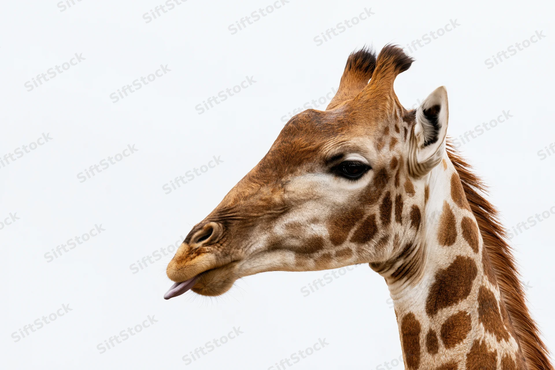 Giraffe head in profile with tongue extended against white background