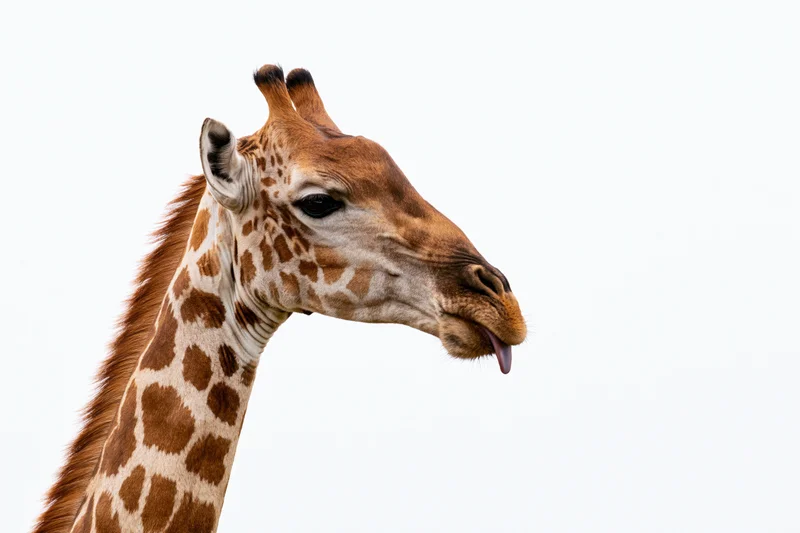 Giraffe head in profile with tongue extended against white background