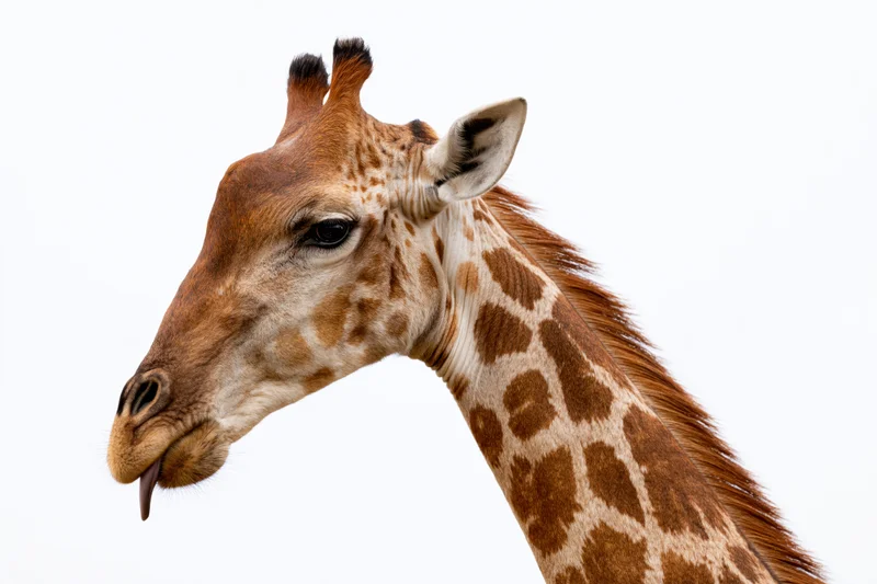 Giraffe head in profile with tongue sticking out against white background