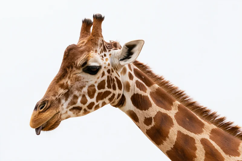 Giraffe head in close-up portrait sticking tongue out against white background