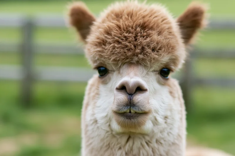 Close-up portrait of an alpaca staring directly into the camera in a grassy field with a fence in the background