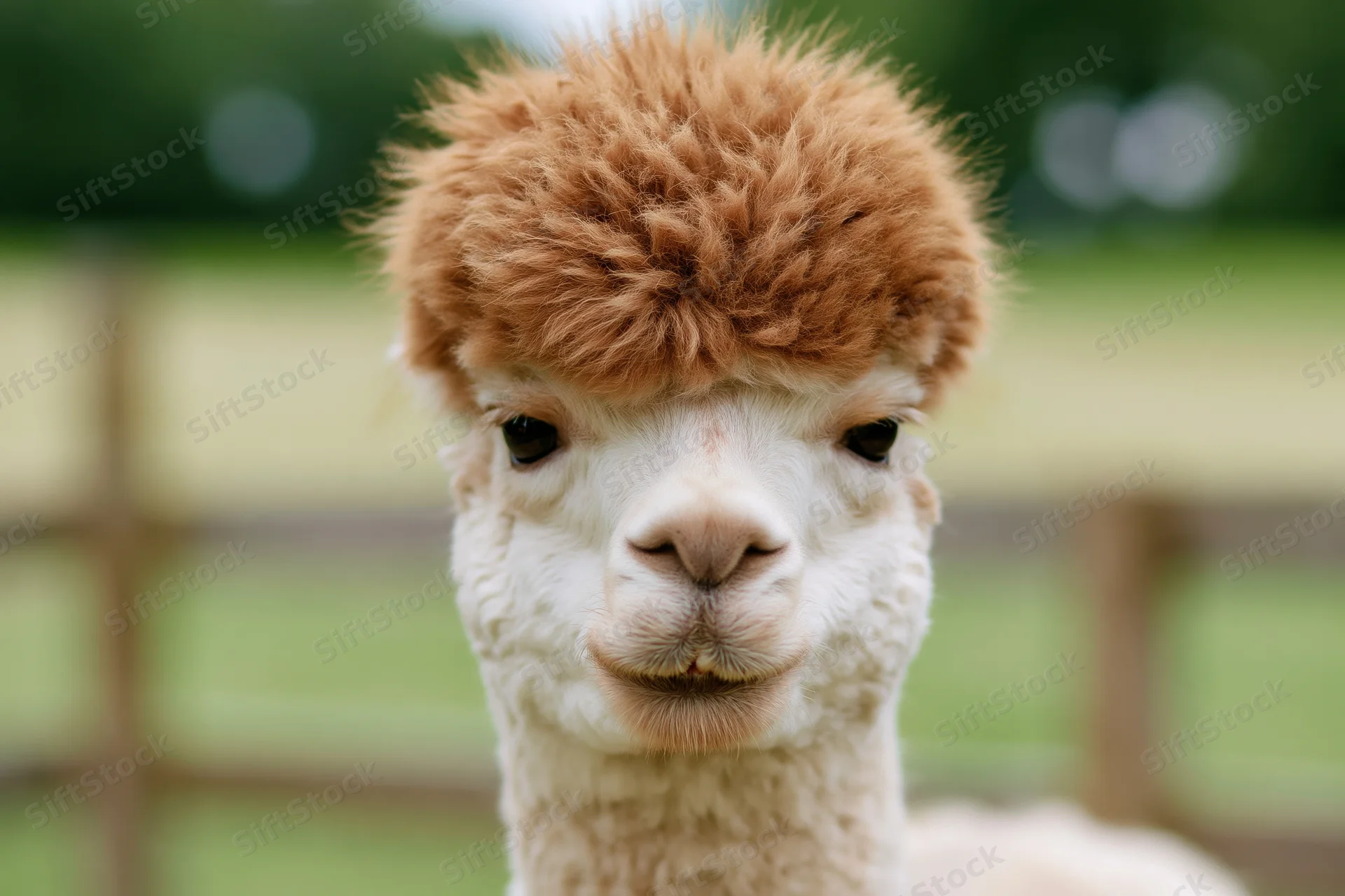 Close-up portrait of an alpaca facing the camera with fluffy brown fur on its head and white face in a fenced pasture