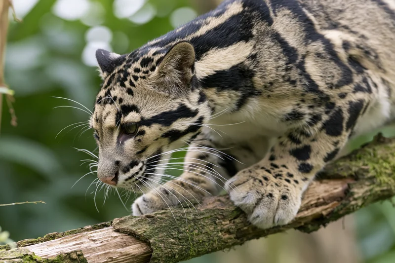 Clouded leopard crouching low on a mossy broken branch in a forest setting