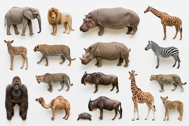 African wildlife specimens arranged in rows on white background