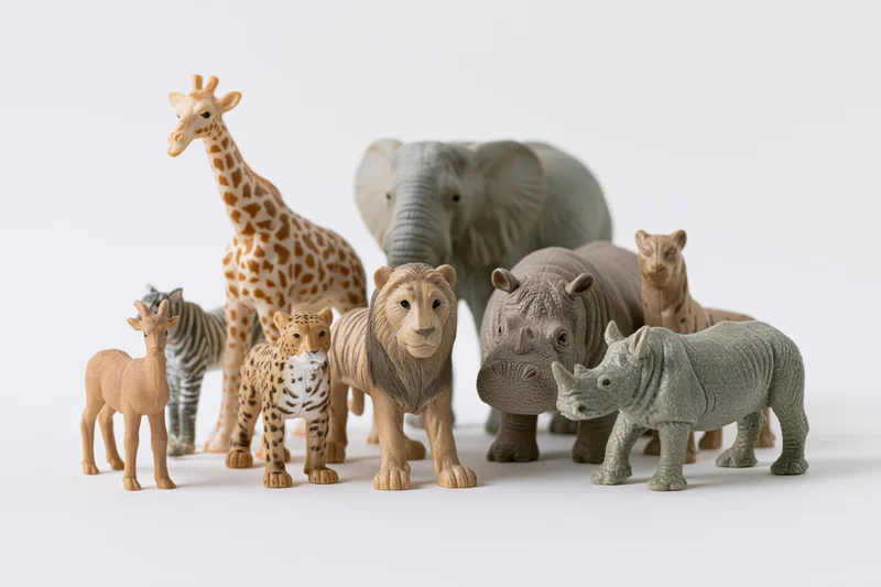 Plastic safari animal figurines arranged in a group on a white surface