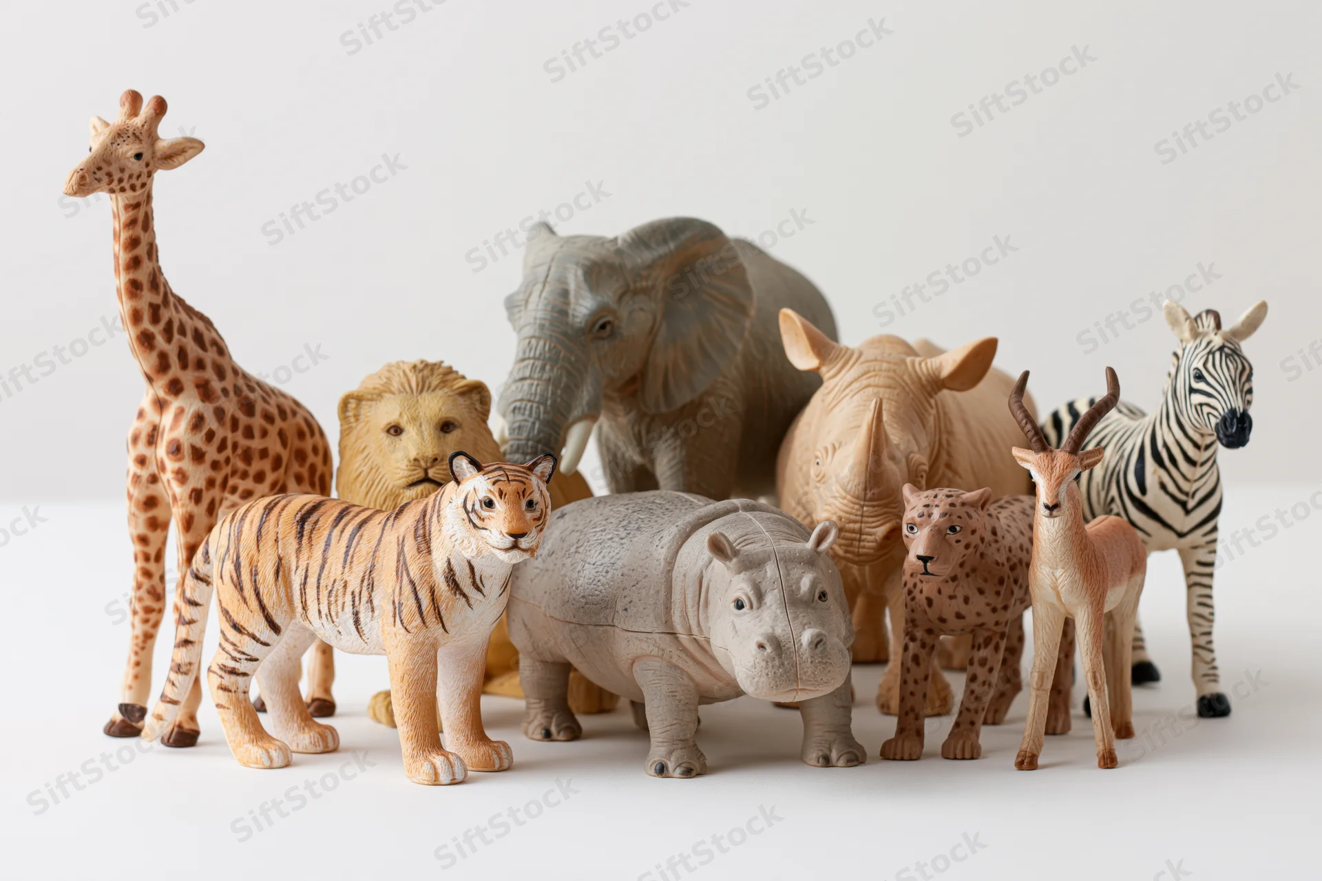 Plastic safari animal figurines grouped together on white background