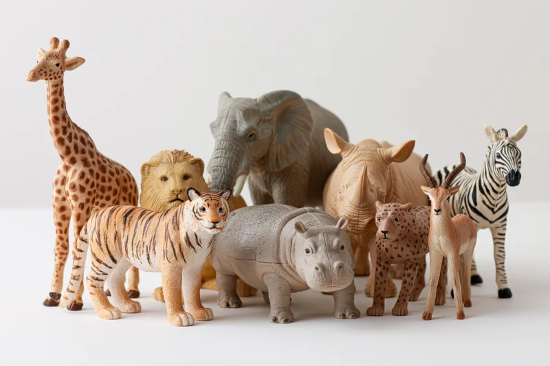 Plastic safari animal figurines grouped together on white background