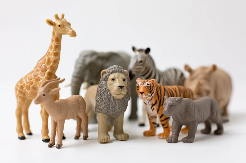 Plastic safari animal figurines arranged in a group on a white surface