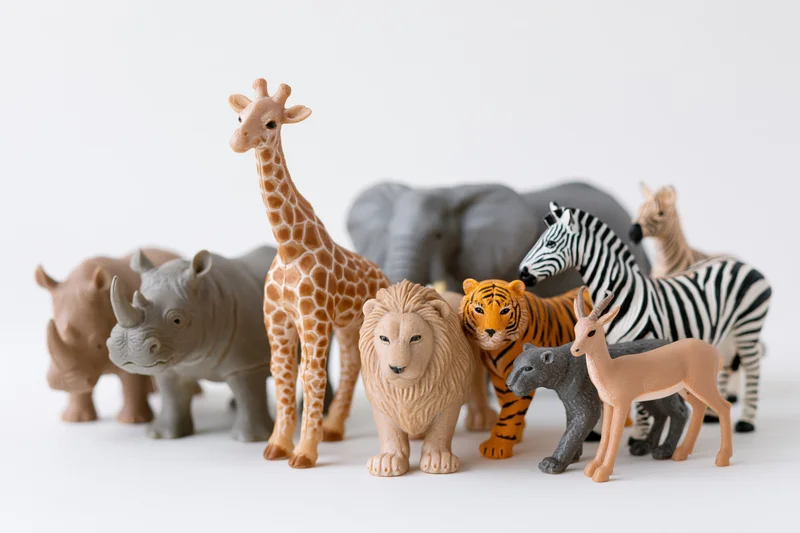 Plastic safari animal figurines arranged in a group on a white surface