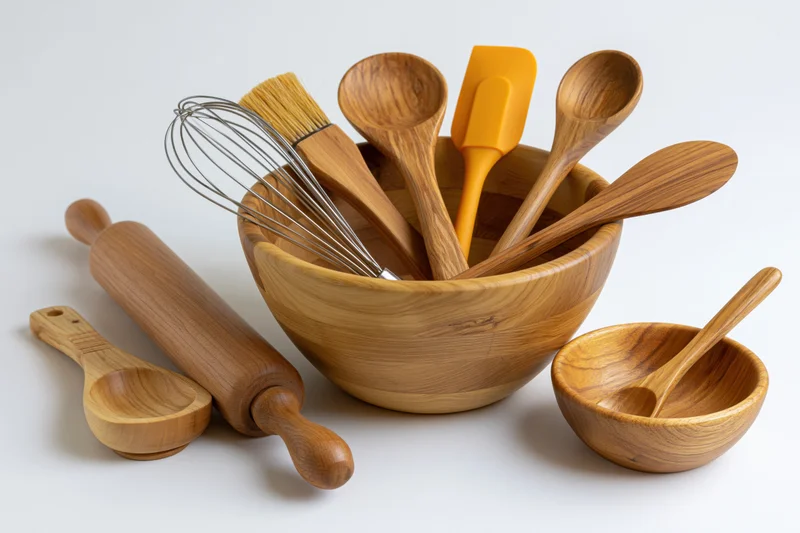 Wooden kitchen baking tools arranged in a bowl on a white surface